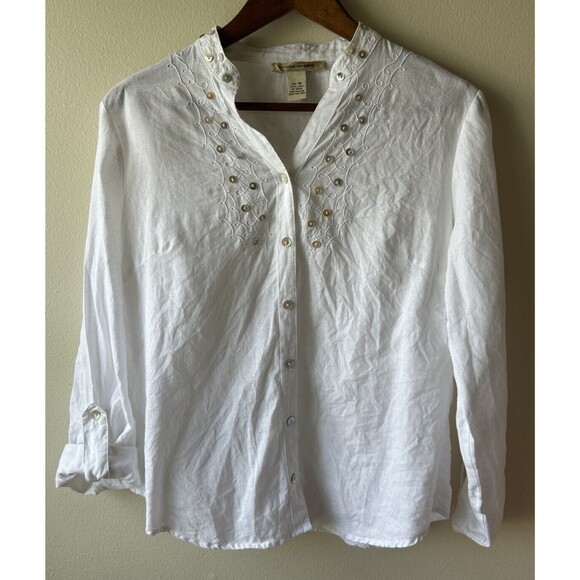 Ecologie Shirt Button Medium Roll Sleeve 100% Linen Embroidered Embellished - Picture 1 of 11